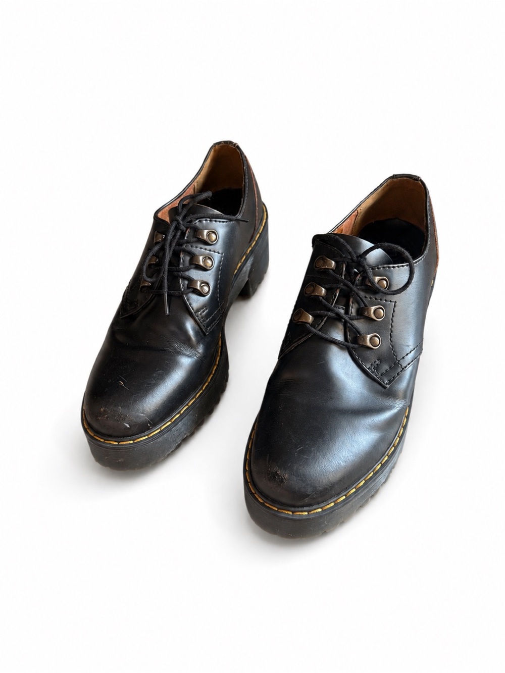 Dr. Martens Black Leather Lace-Up Platform Oxfords with Yellow Stitching